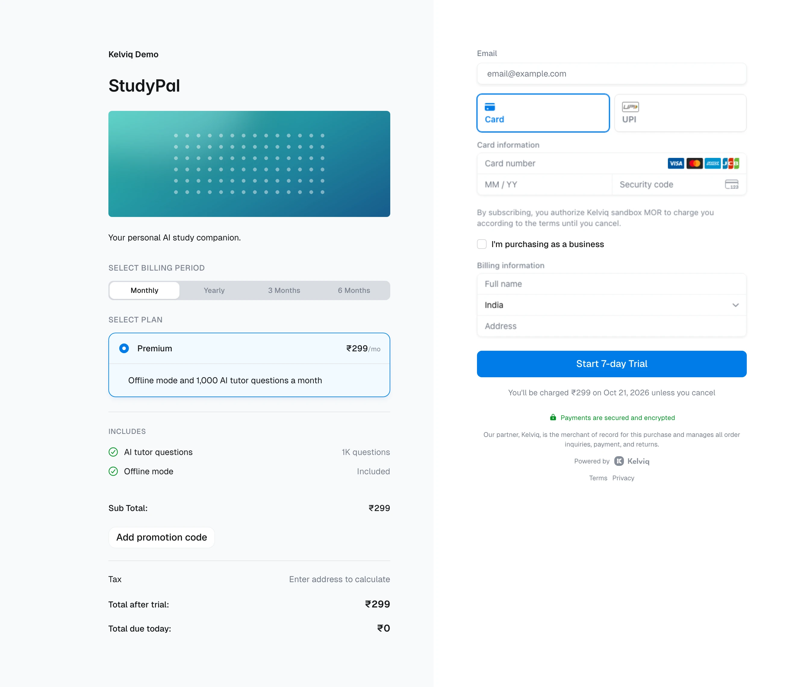 StudyPal Premium checkout with a Start 7-day Trial button and the first charge date
