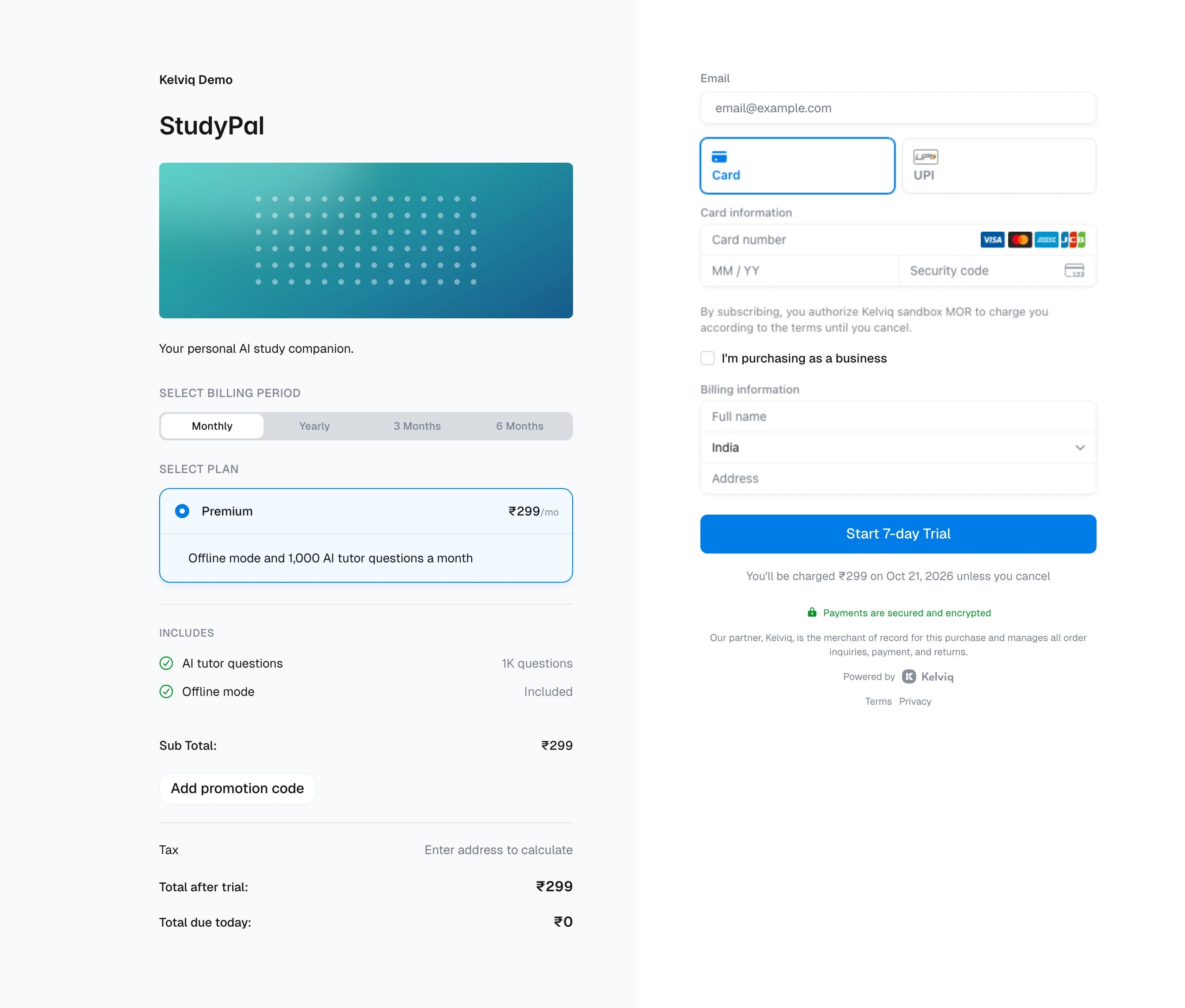 StudyPal Premium checkout with a Start 7-day Trial button and the first charge date