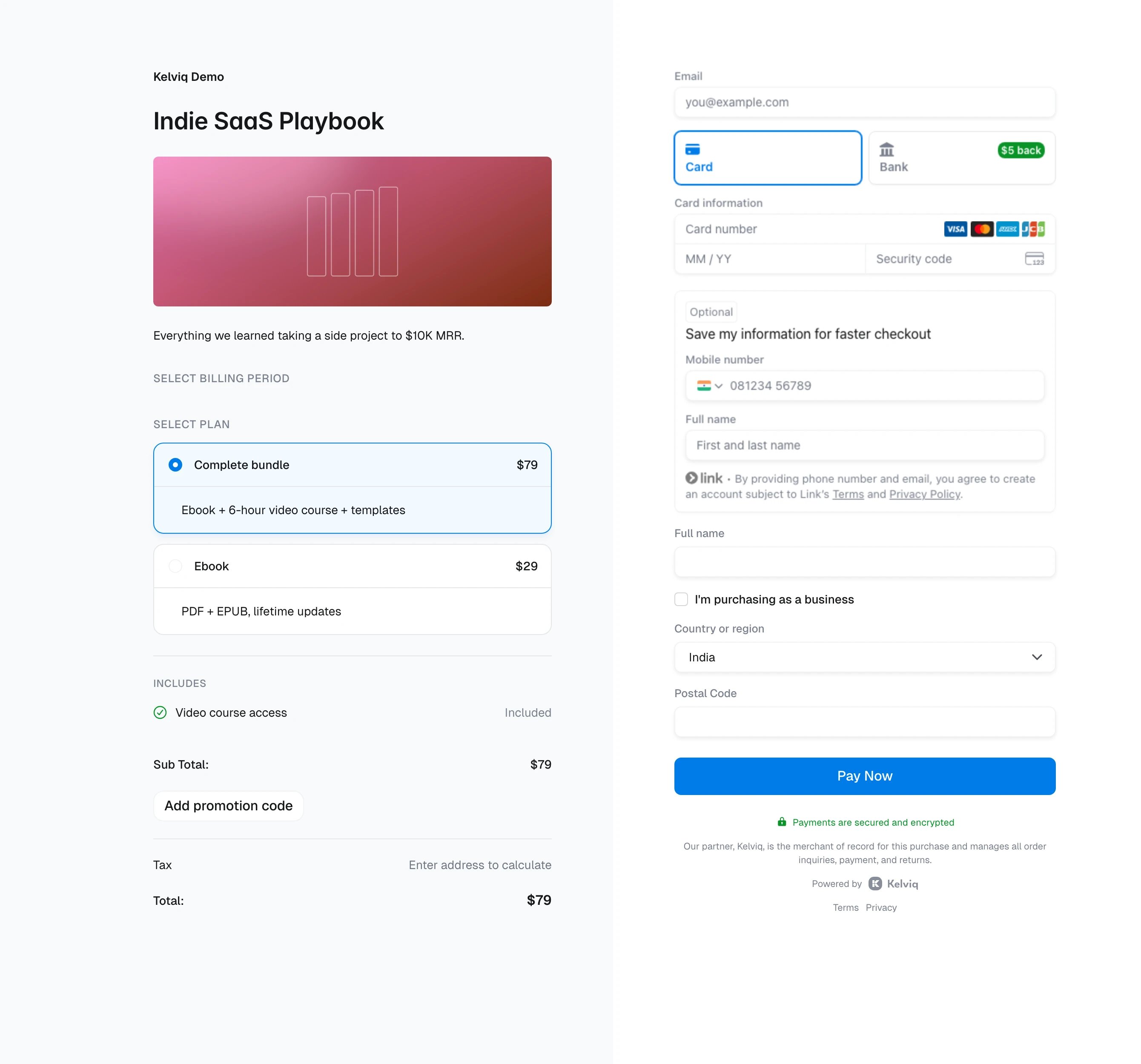Indie SaaS Playbook checkout with Complete bundle and Ebook options