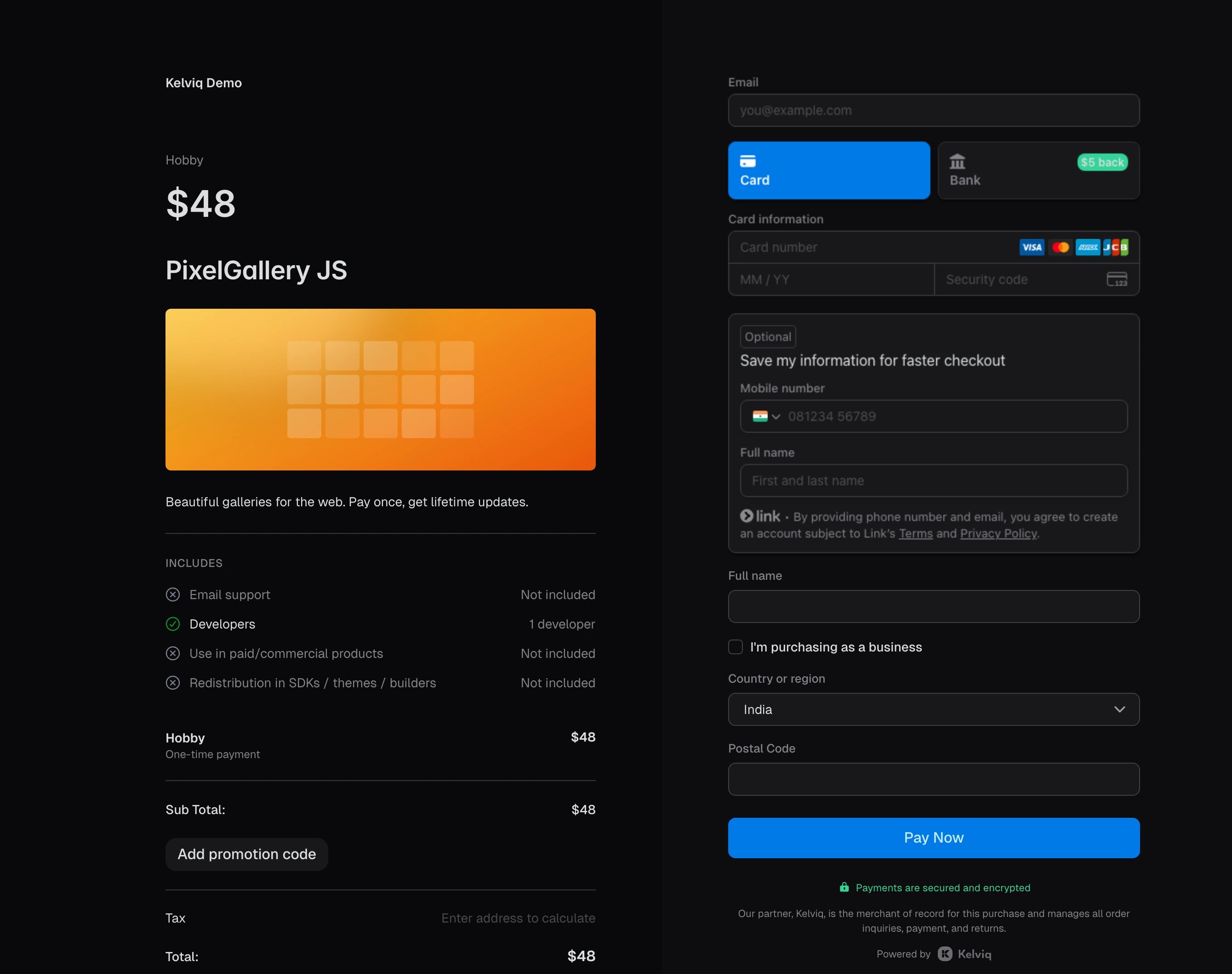 One-time checkout for the PixelGallery JS Hobby license at $48