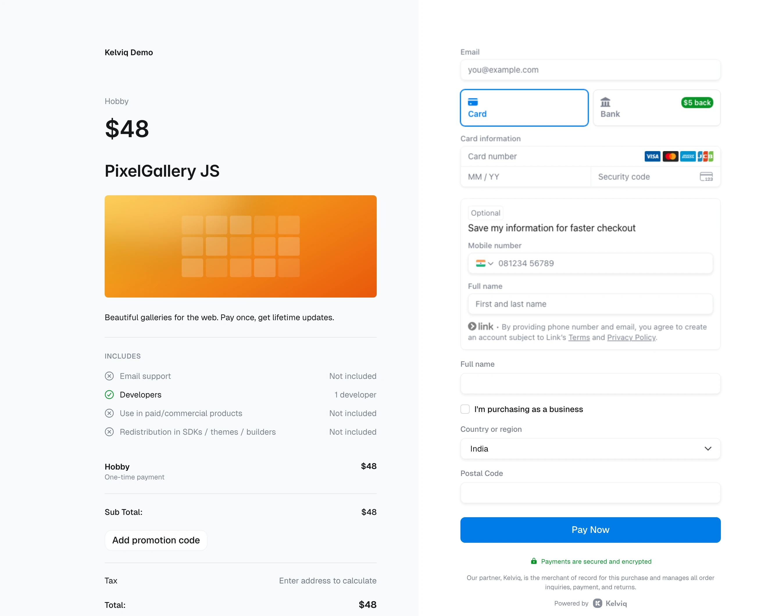 One-time checkout for the PixelGallery JS Hobby license at $48