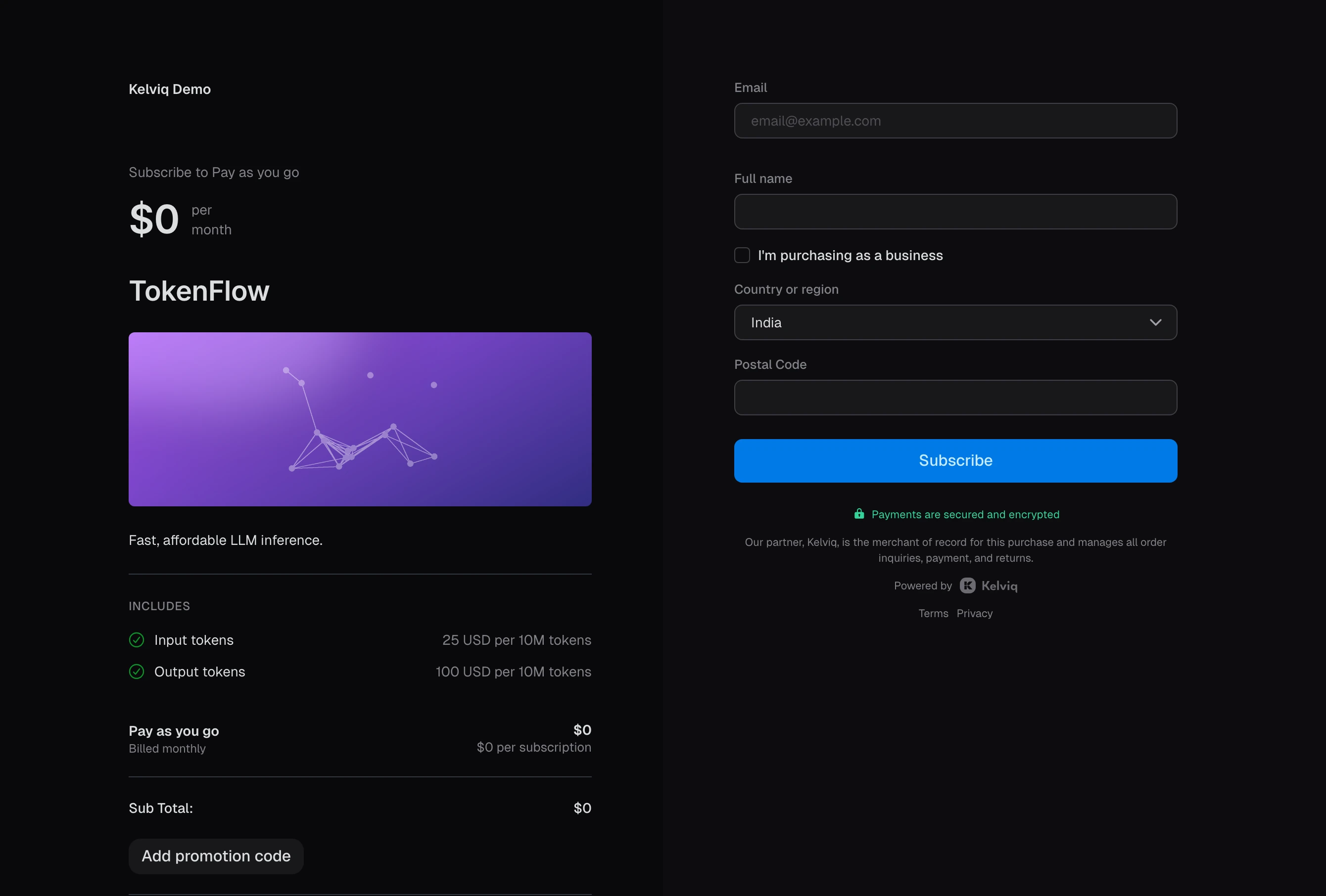 TokenFlow pay as you go checkout at $0 per month