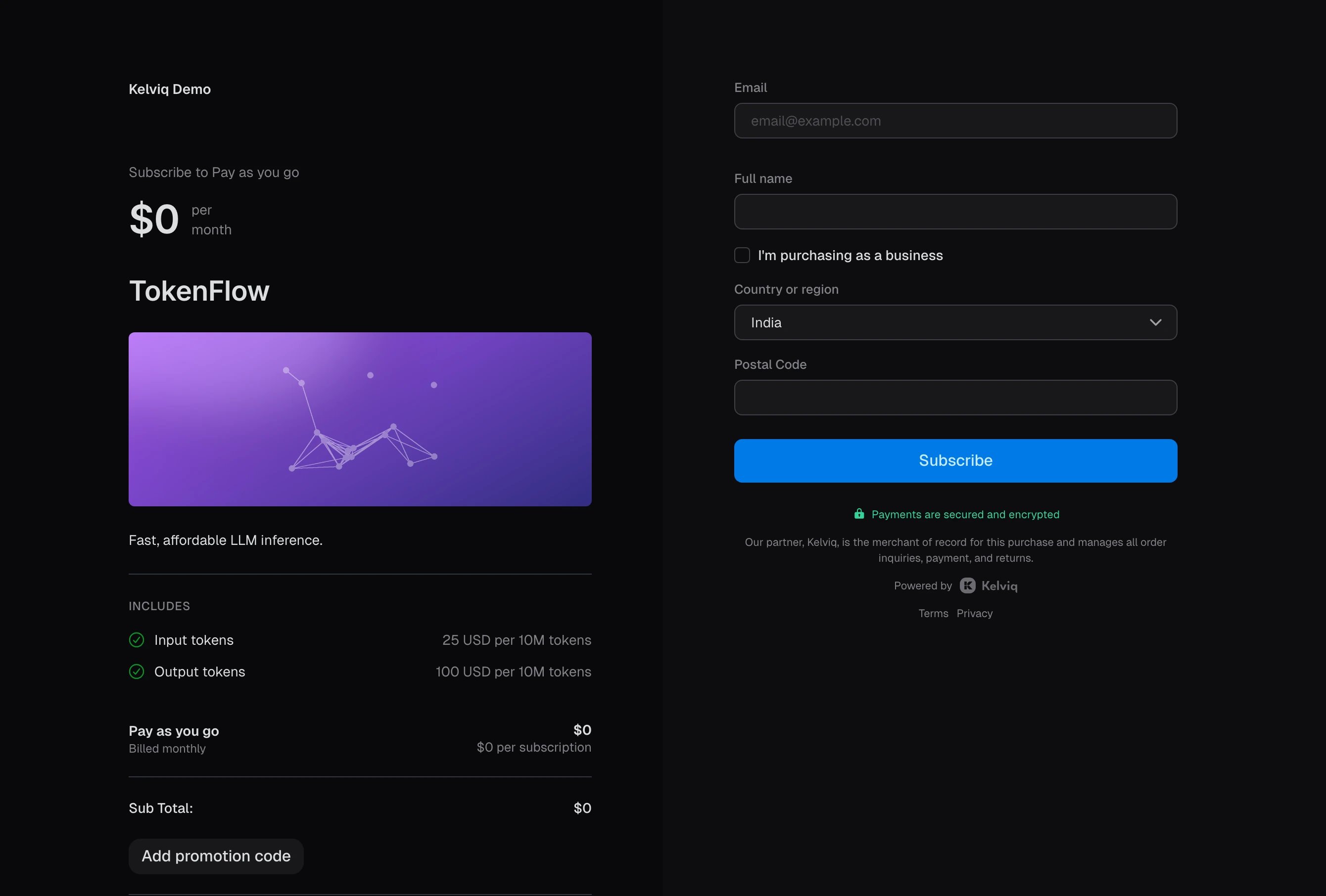 TokenFlow pay as you go checkout at $0 per month