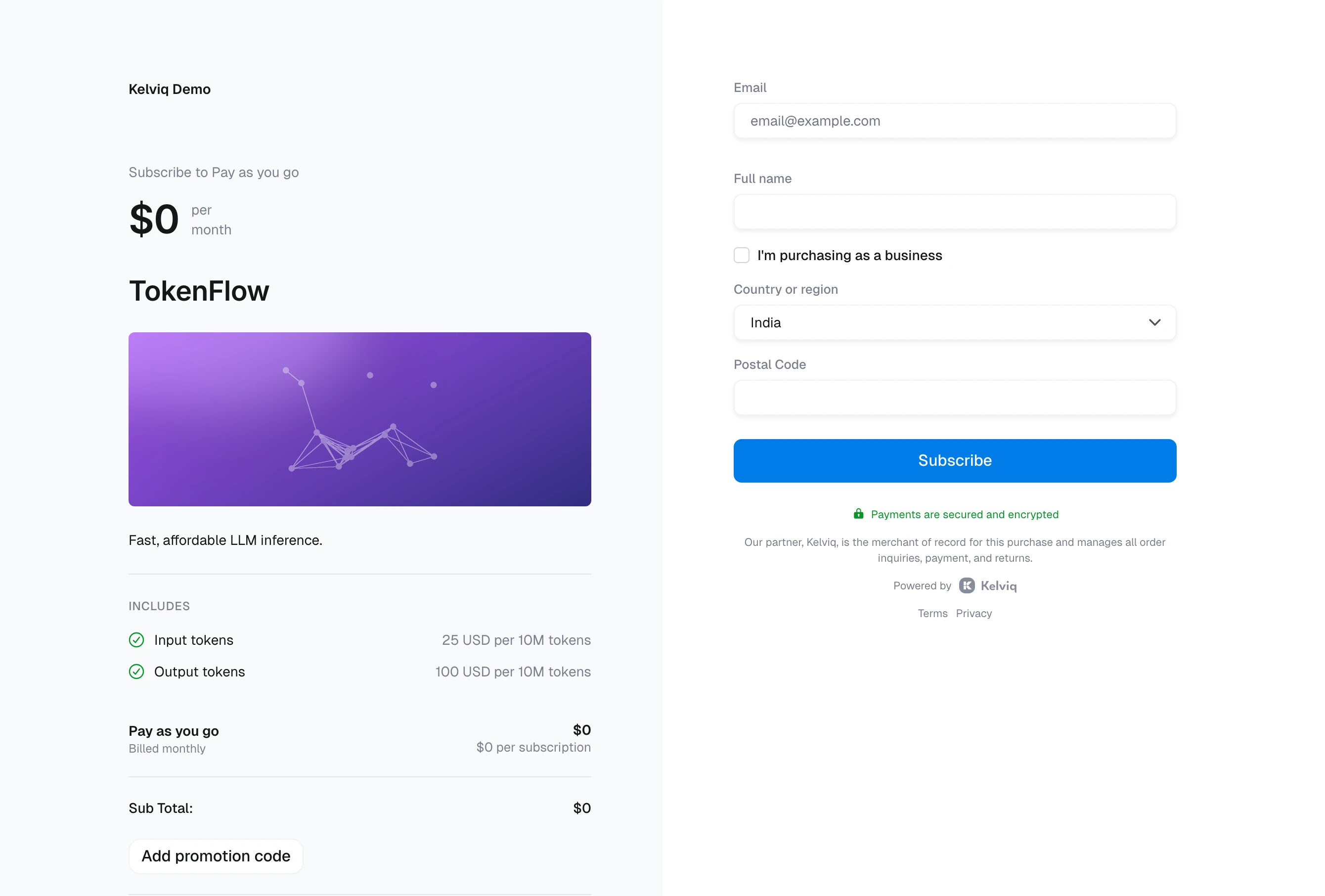 TokenFlow pay as you go checkout at $0 per month