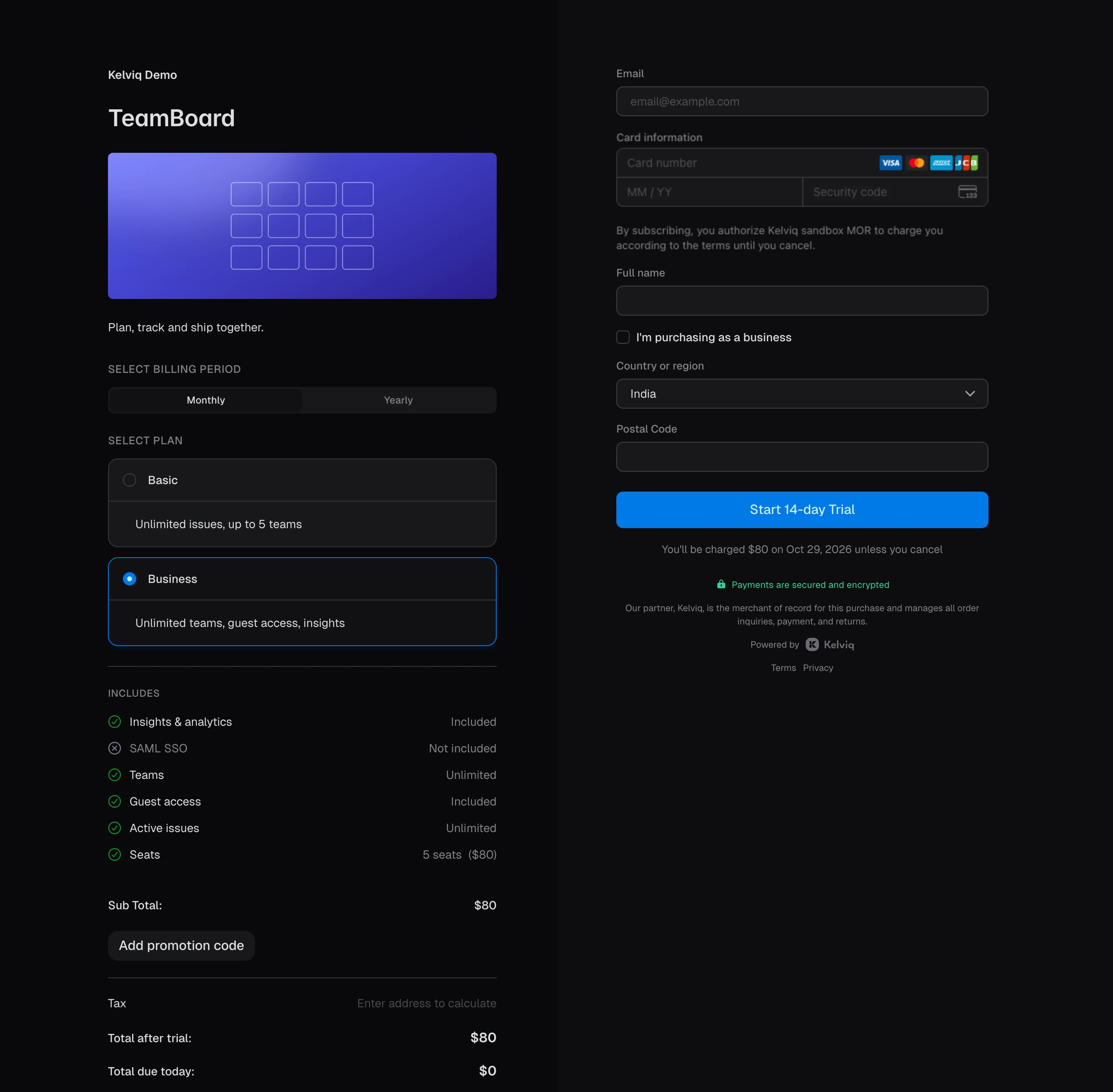 TeamBoard checkout with Basic and Business plans, Business selected with 5 seats at $80 a month