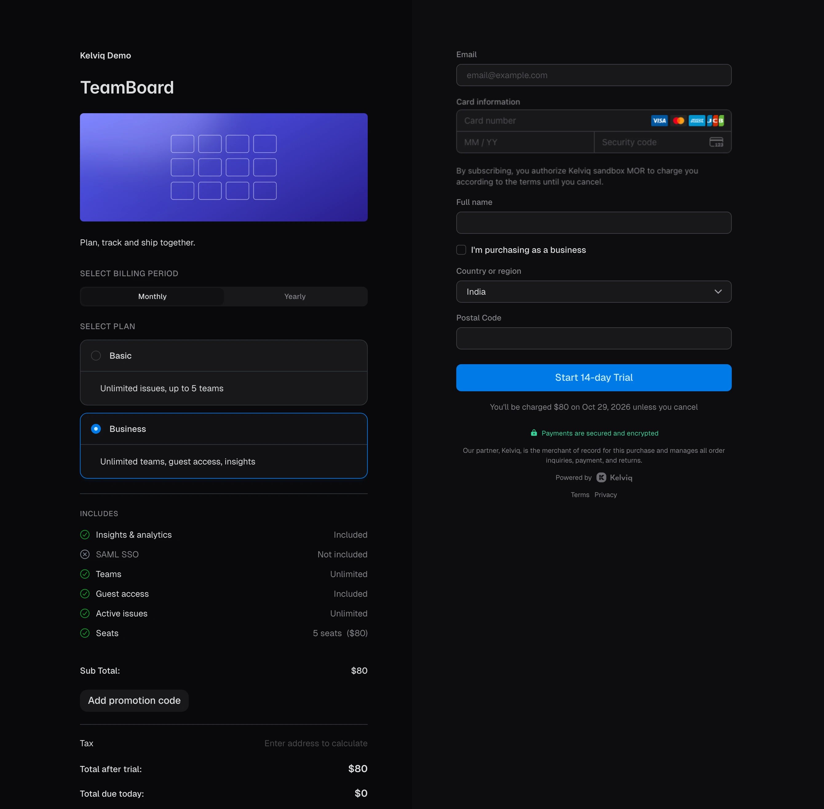 TeamBoard checkout with Basic and Business plans, Business selected with 5 seats at $80 a month
