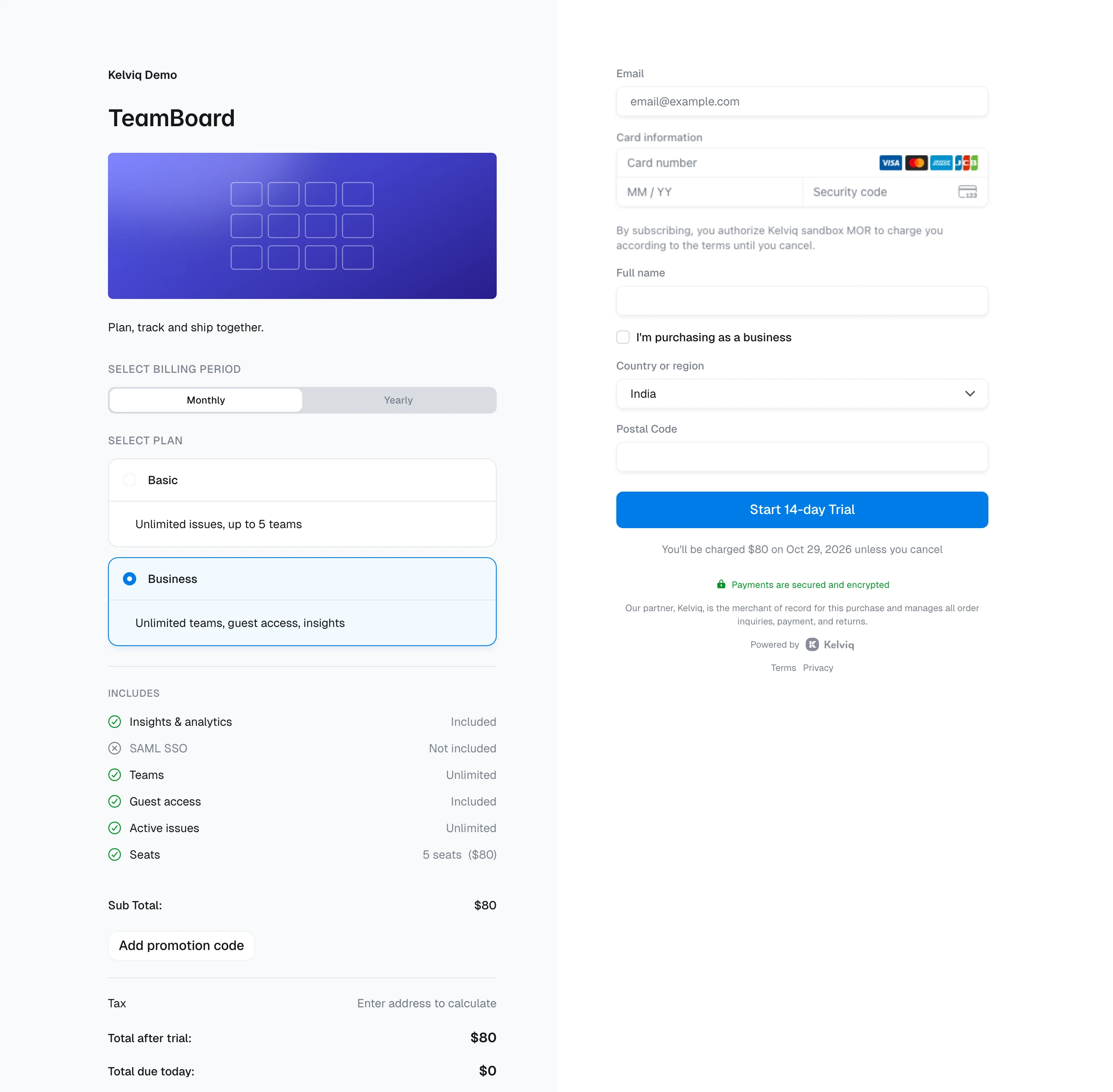 TeamBoard checkout with Basic and Business plans, Business selected with 5 seats at $80 a month
