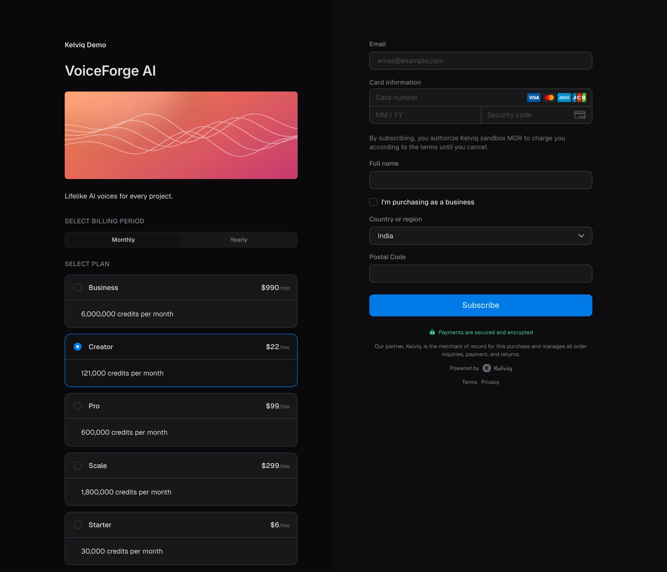Checkout with five VoiceForge AI plans, Creator selected, Monthly and Yearly tabs
