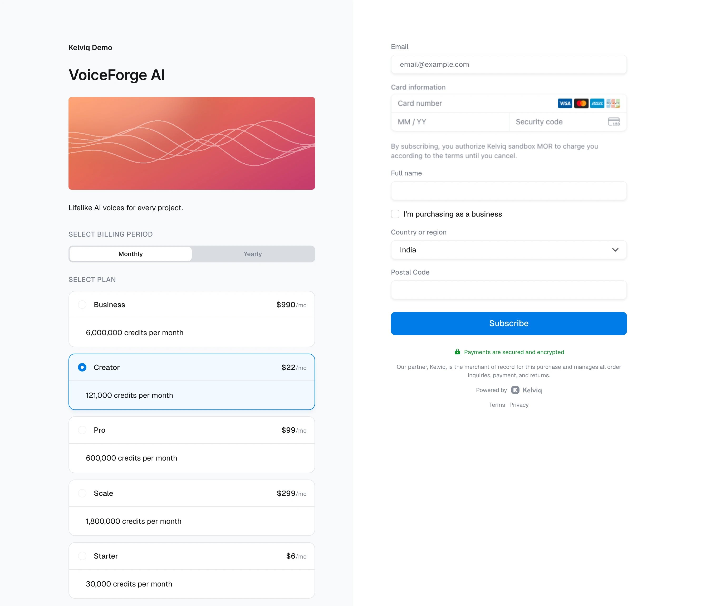 VoiceForge AI checkout in light mode