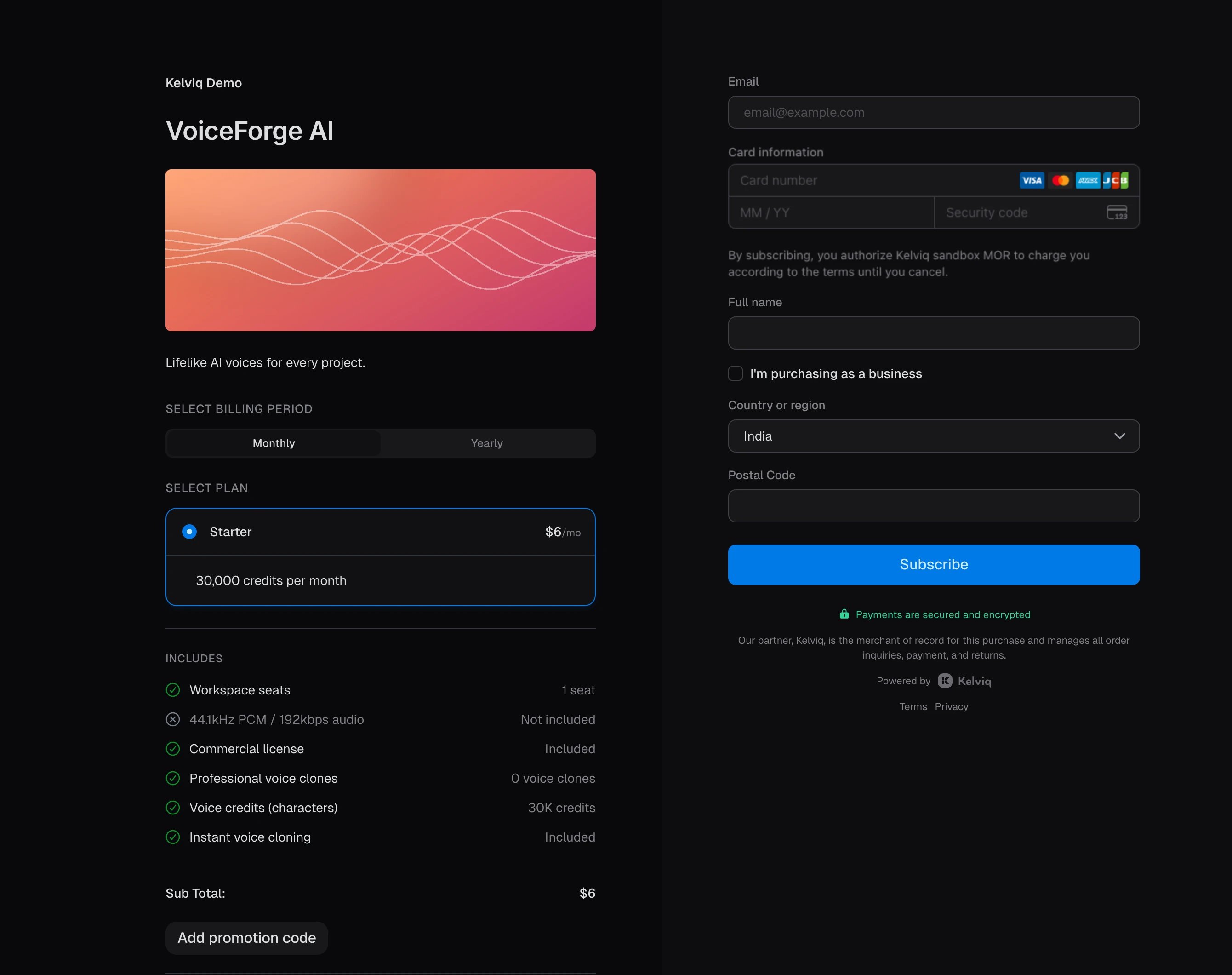 Checkout showing only the VoiceForge AI Starter plan at $6 per month