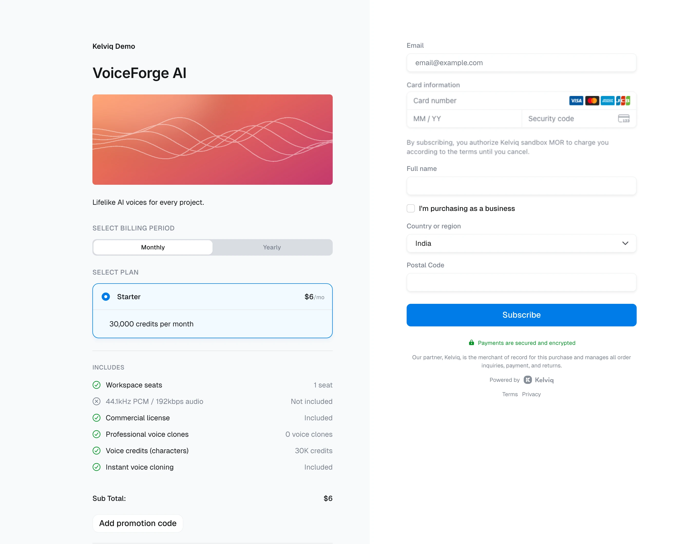 Checkout showing only the VoiceForge AI Starter plan at $6 per month
