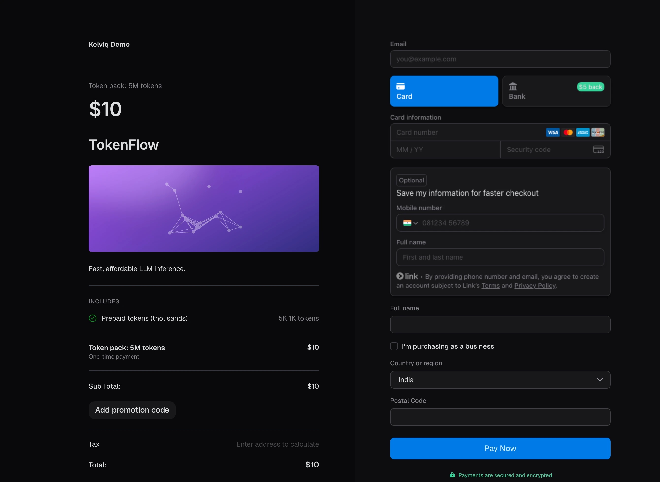 TokenFlow one-time checkout for a 5M token pack at $10