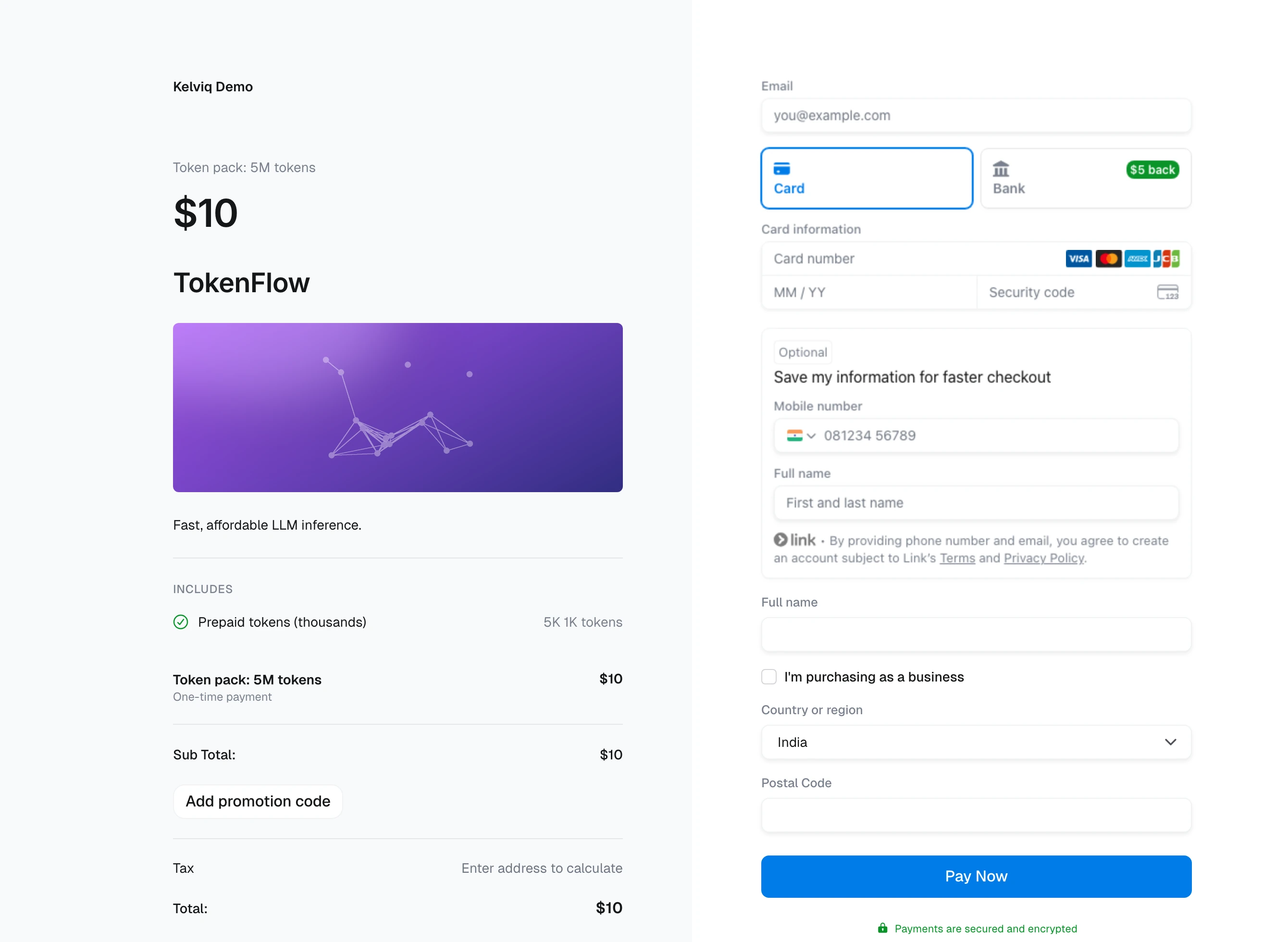 TokenFlow one-time checkout for a 5M token pack at $10