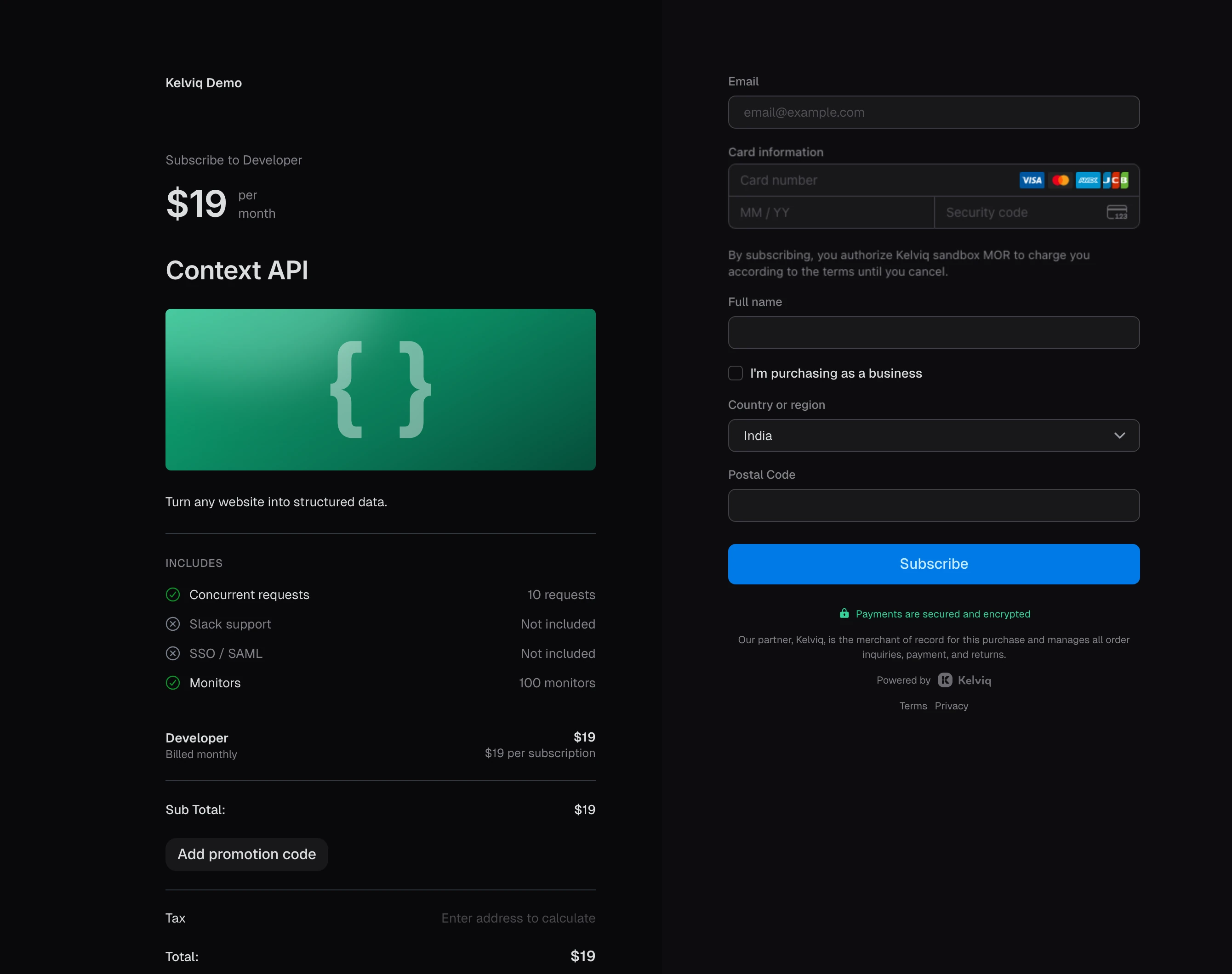 Context API Developer checkout at $19 per month with included features