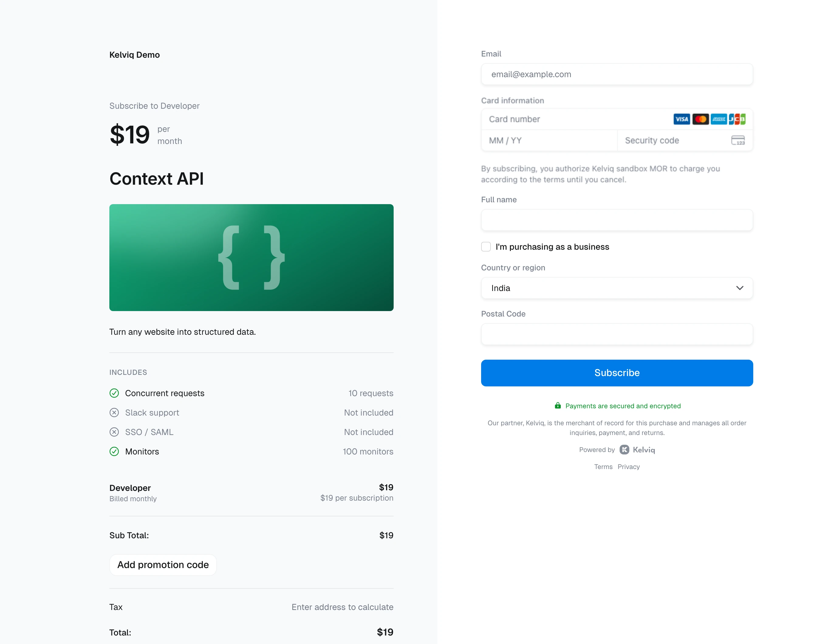 Context API Developer checkout at $19 per month with included features