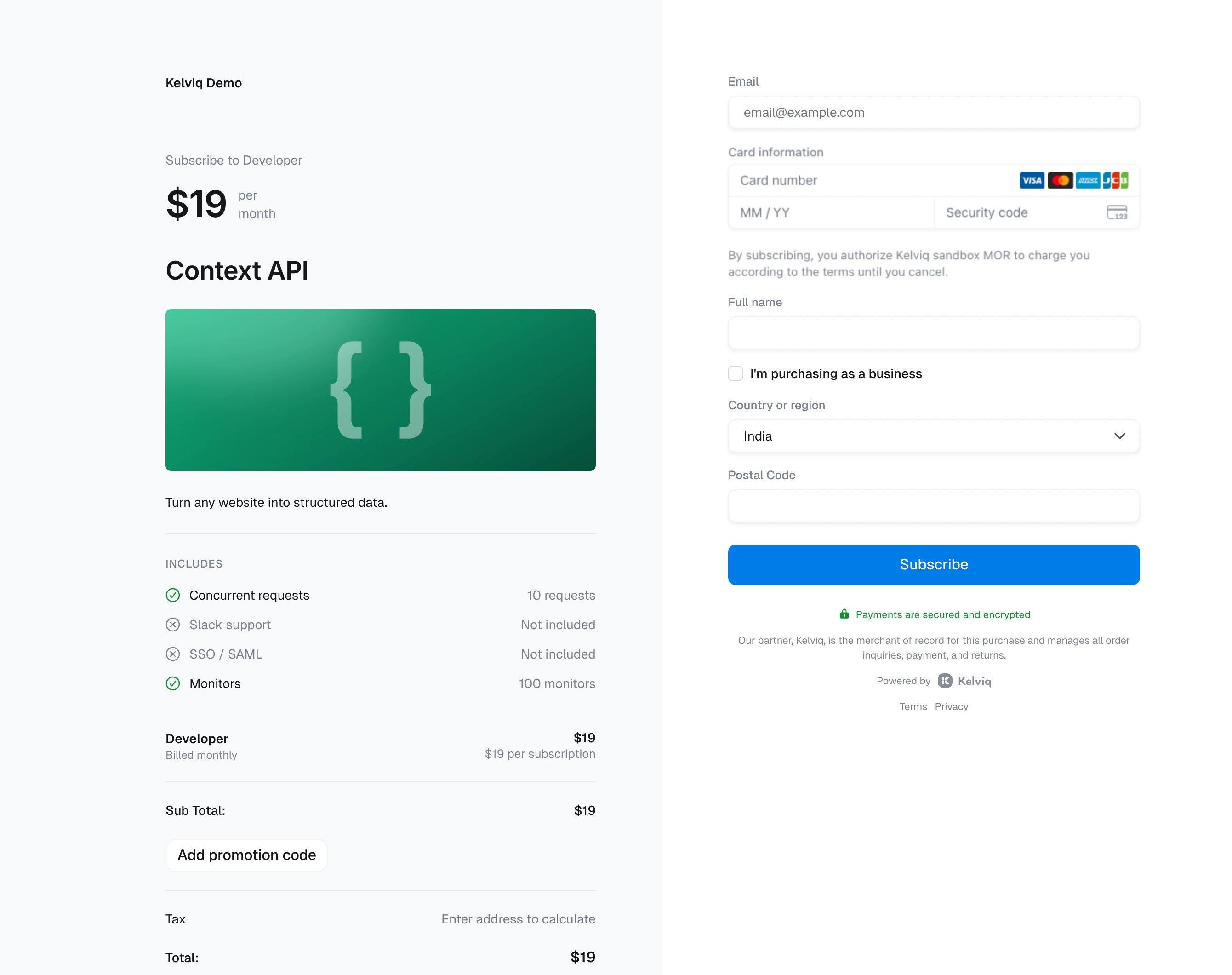 Context API Developer checkout at $19 per month with included features