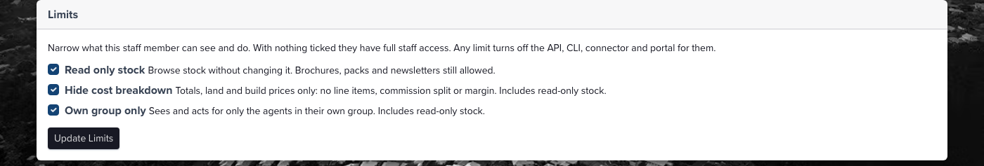 The Limits card on a staff member's Access tab