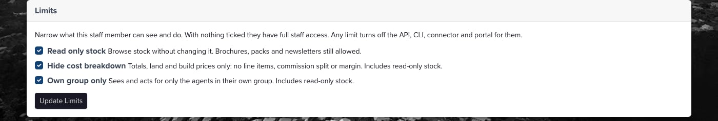 The Limits card on a staff member's Access tab