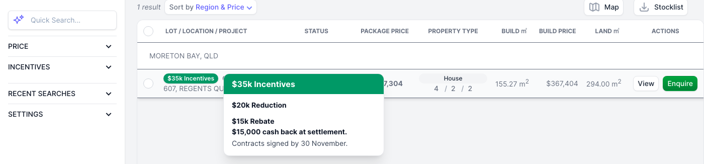 An agent hovering over a $35k Incentives tag in the property table