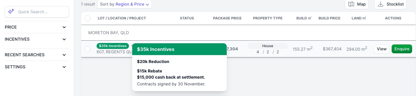 An agent hovering over a $35k Incentives tag in the property table