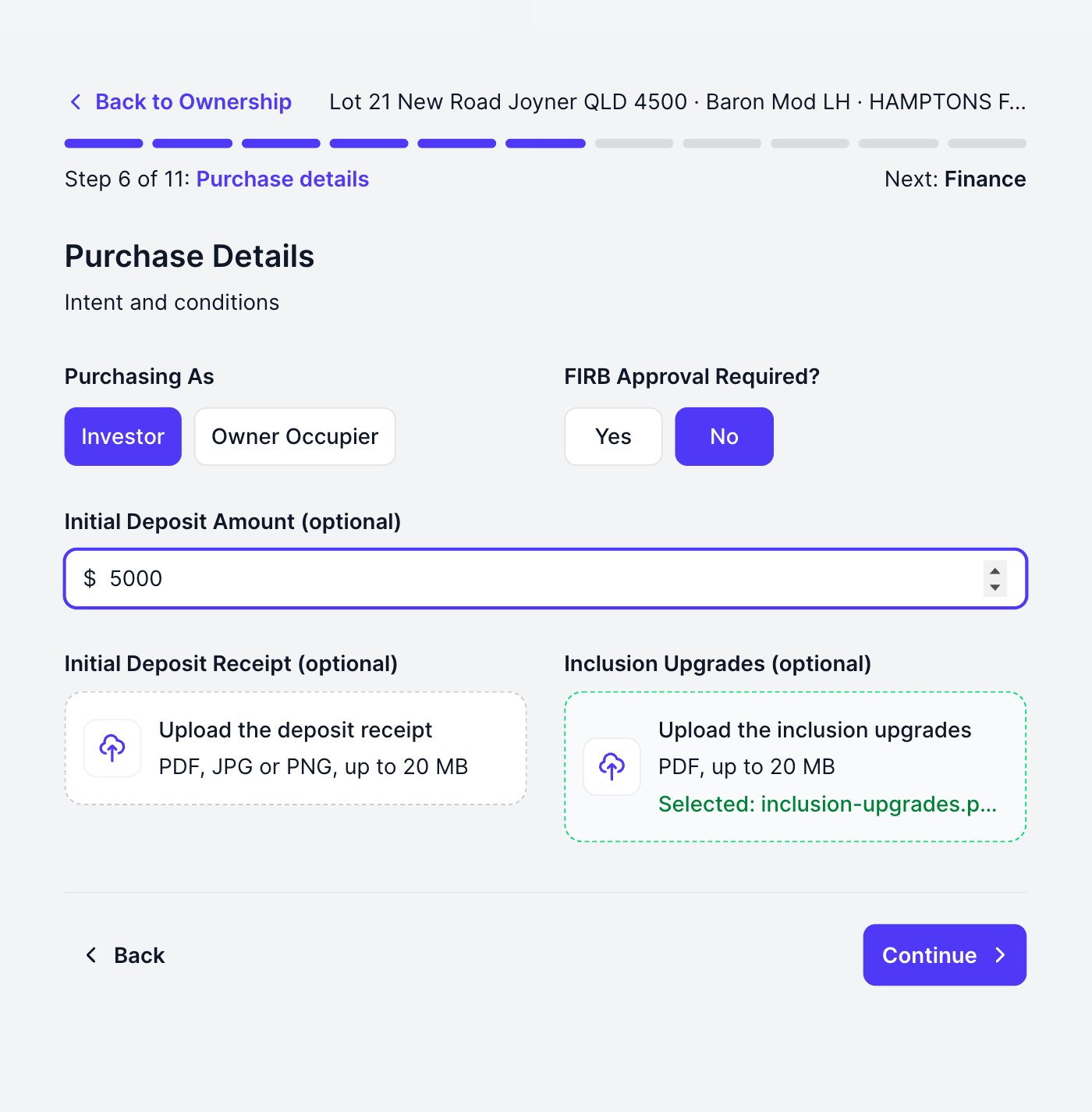 The purchase details step