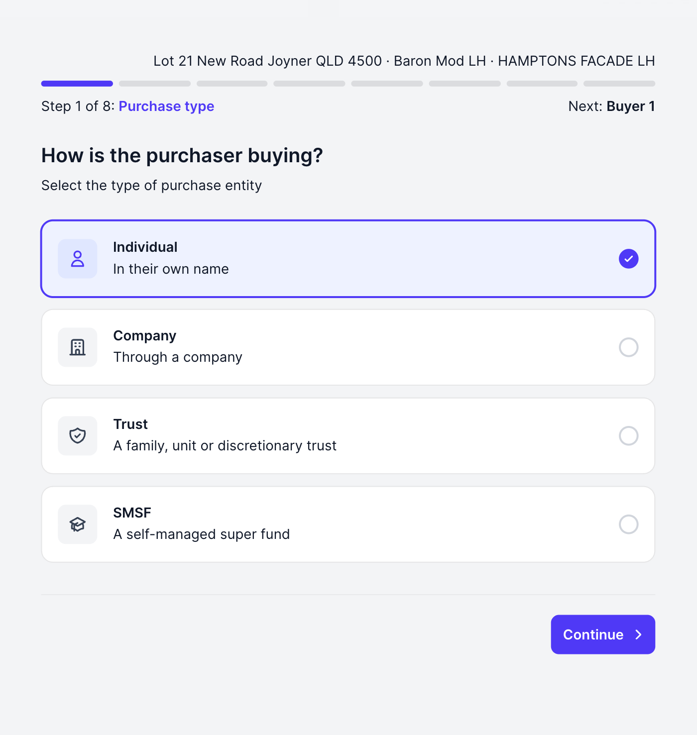 Choosing Individual on the purchase structure page