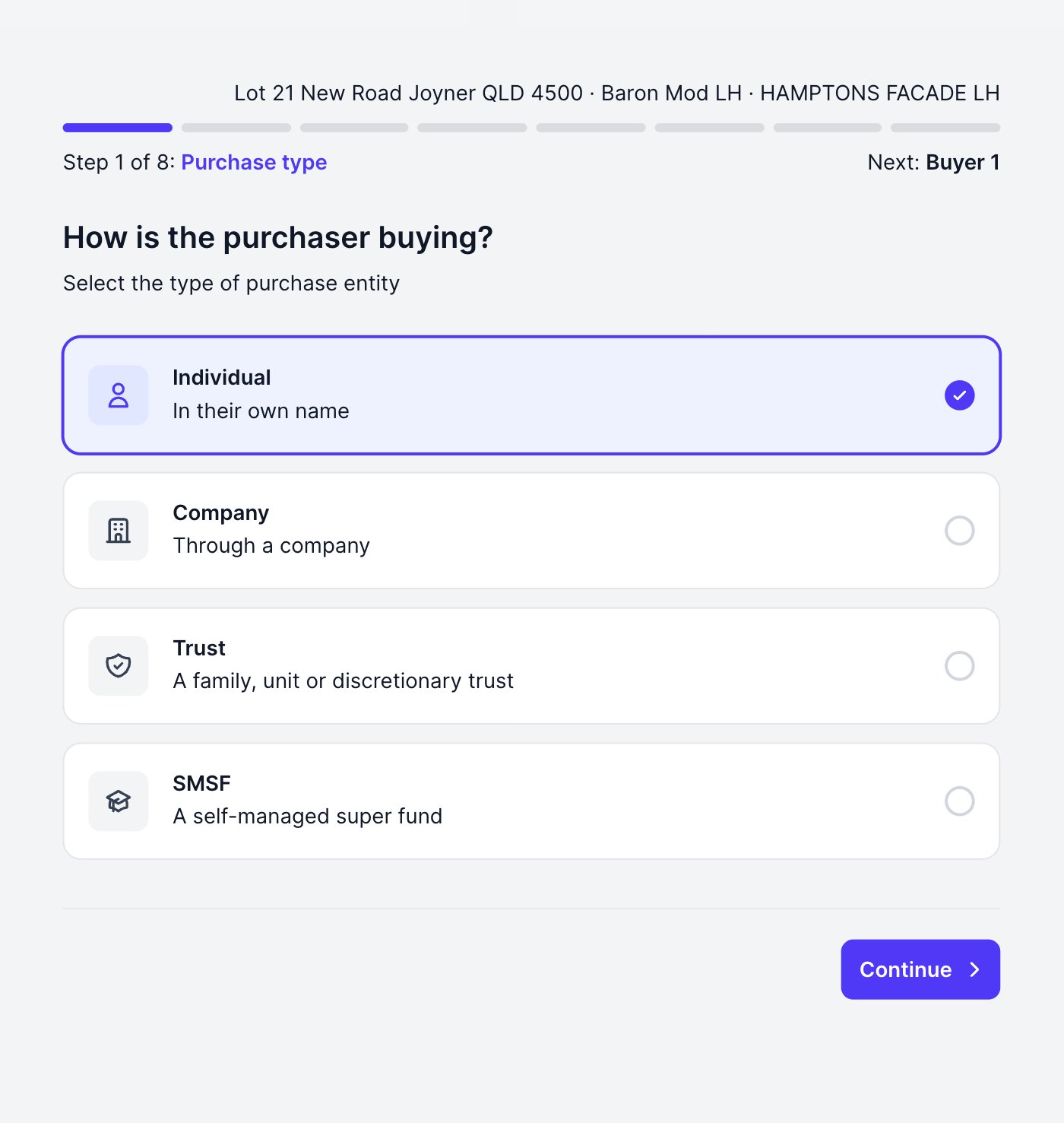 Choosing Individual on the purchase structure page