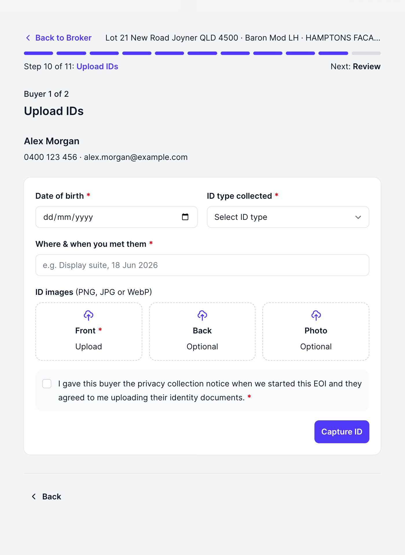 The Upload IDs step: the sighting details, the images and the consent tick