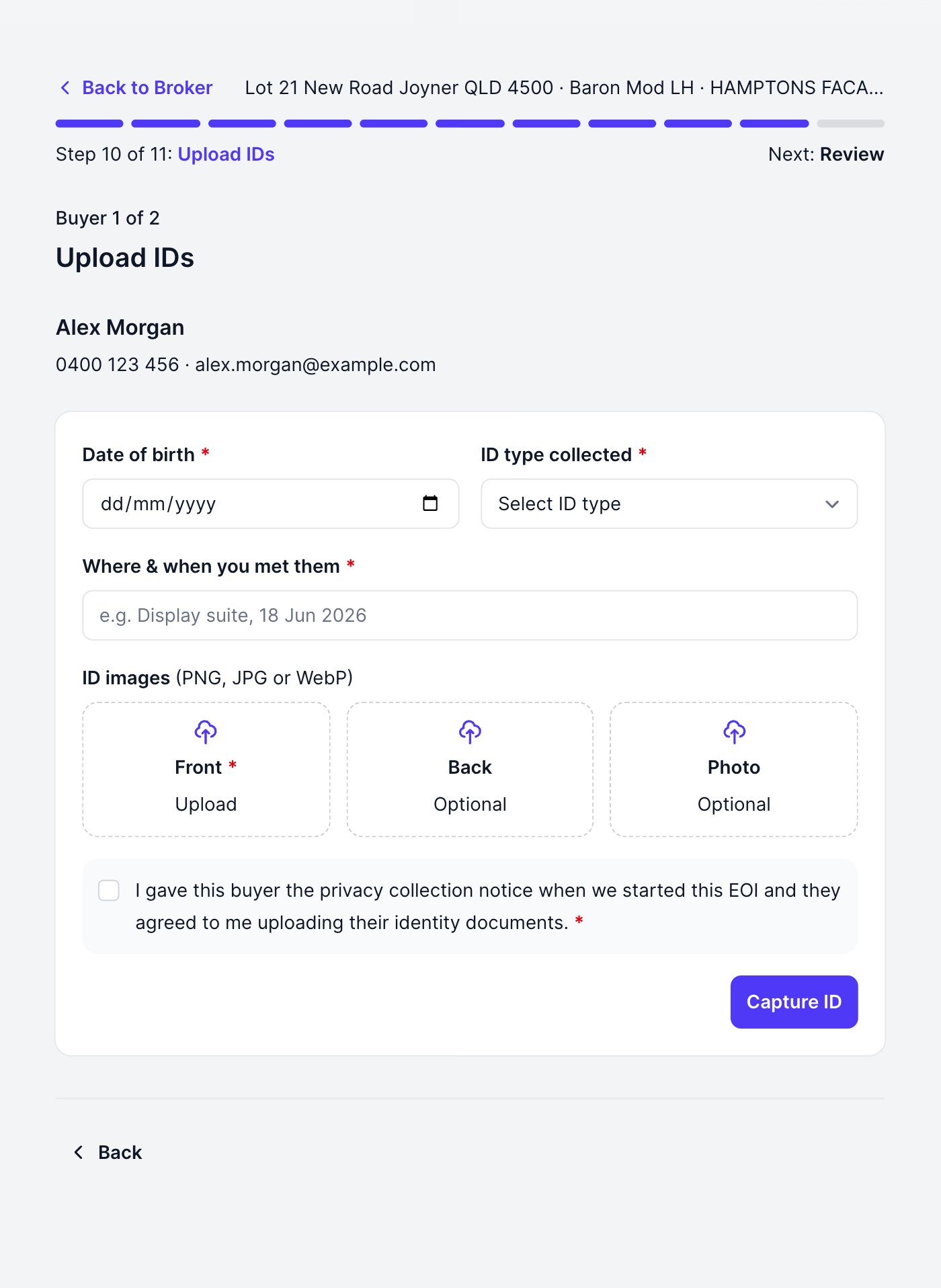The Upload IDs step: the sighting details, the images and the consent tick