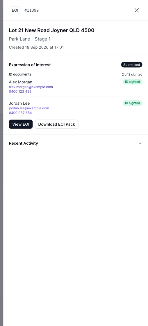 The deal drawer for a submitted EOI with the pack download