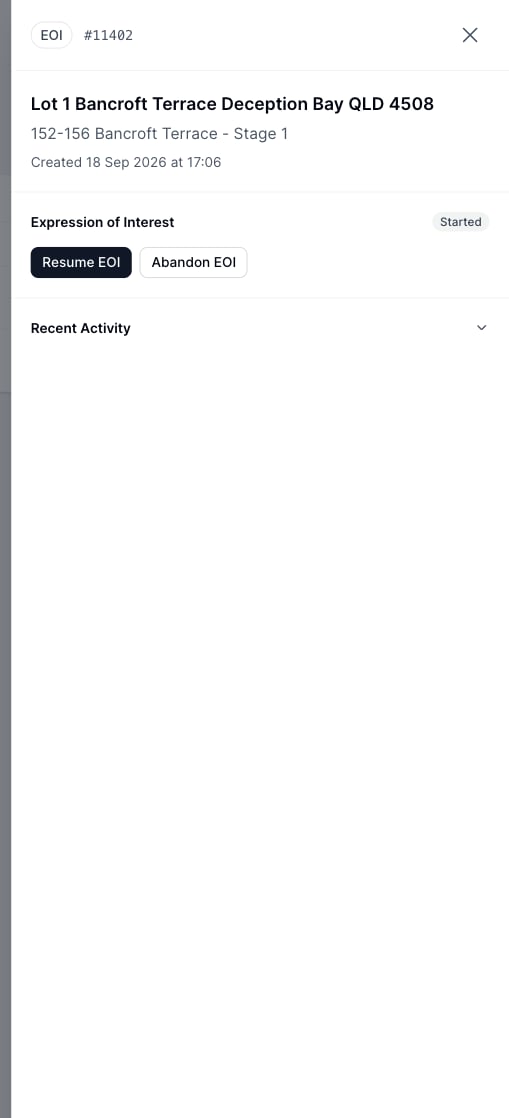 The deal drawer for a started EOI with Resume and Abandon