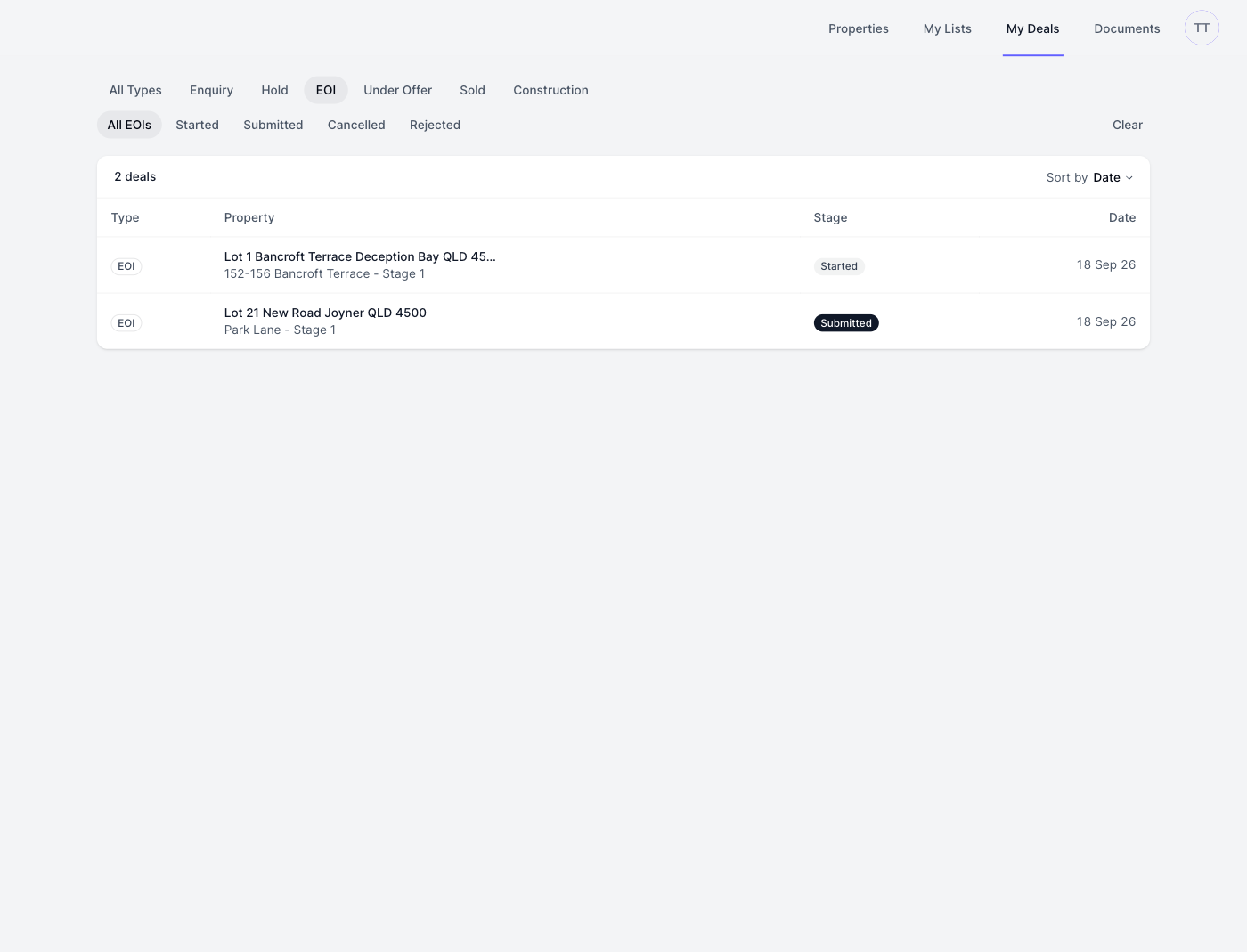 The EOI tab in My Deals with the status filters