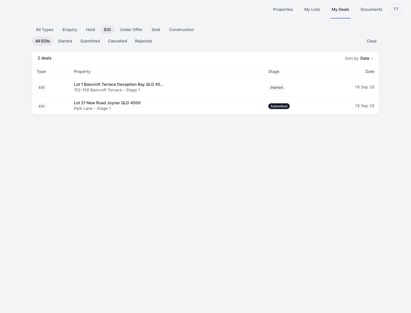 The EOI tab in My Deals with the status filters