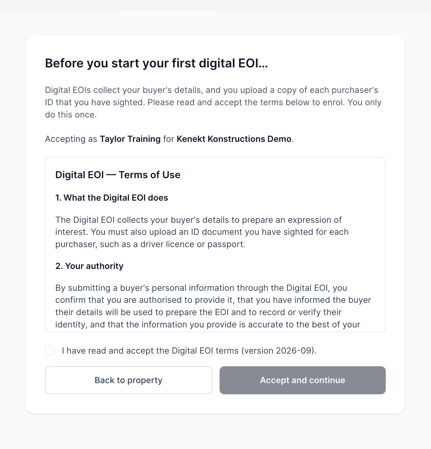 The one-time Digital EOI terms page