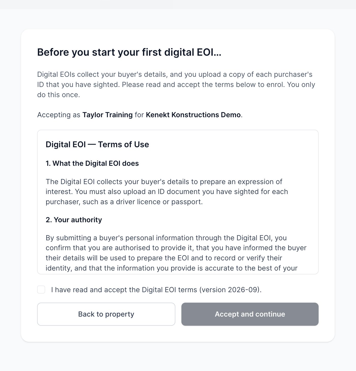 The one-time Digital EOI terms page