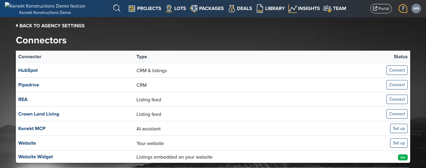 The Connectors page with the Website Widget row