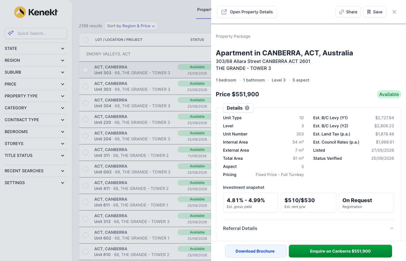 Property drawer open beside the list