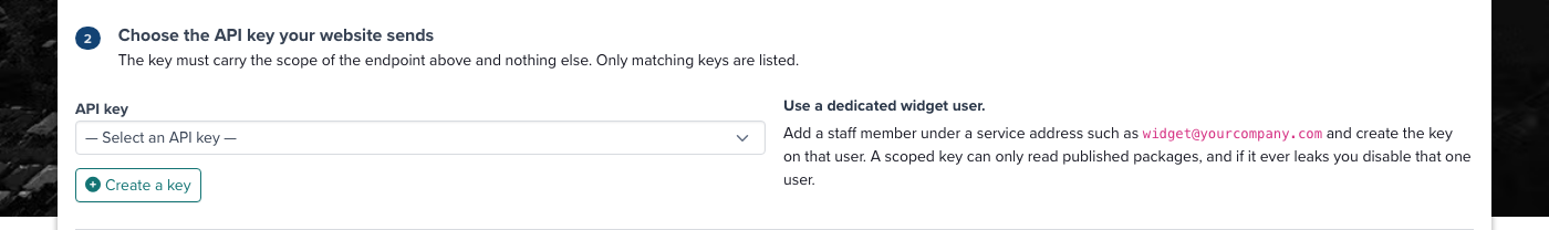 Step 2, the API key picker