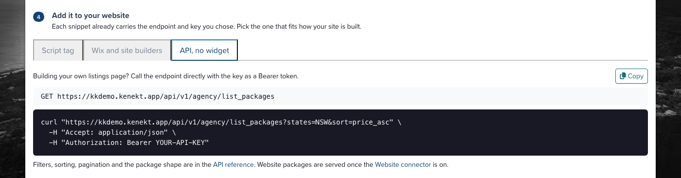 Step 4, the API tab with the endpoint and a sample request