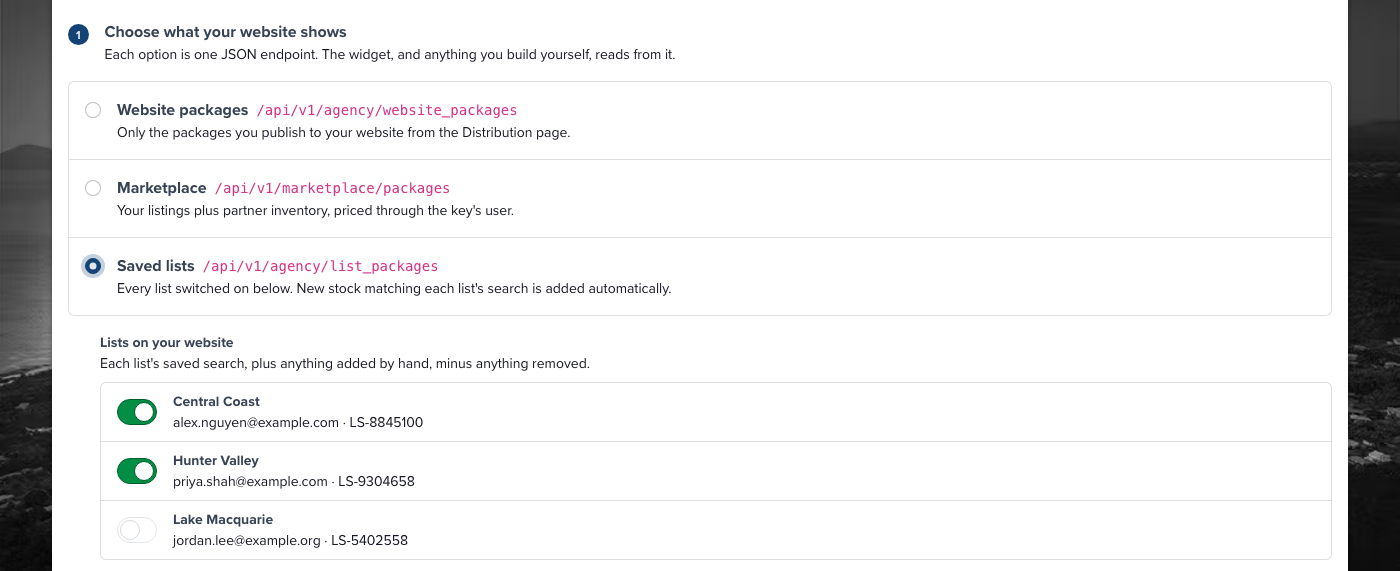 Step 1 with Saved lists chosen and the list switches