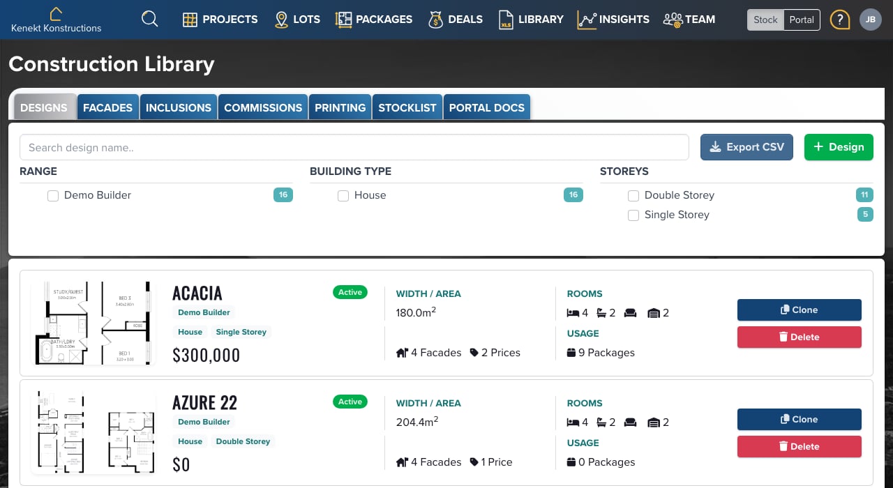 The Designs tab in the Construction Library