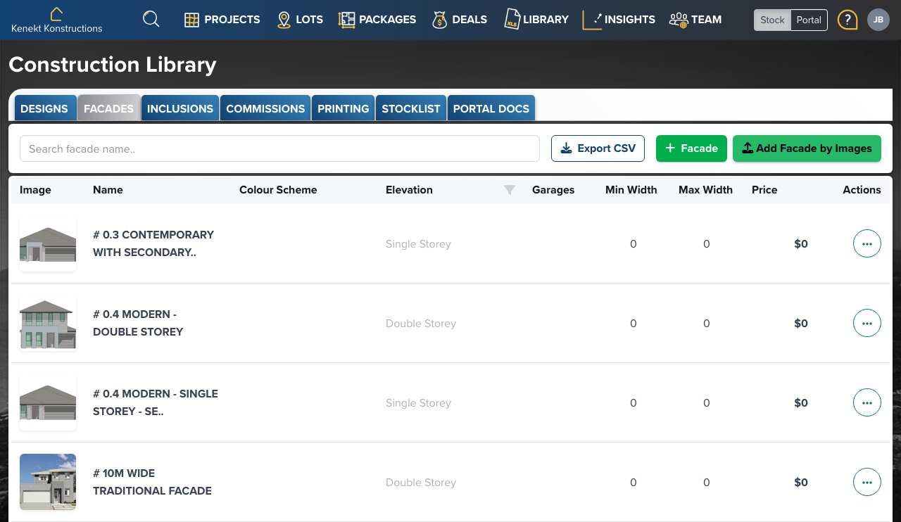 The Facades tab in the Construction Library