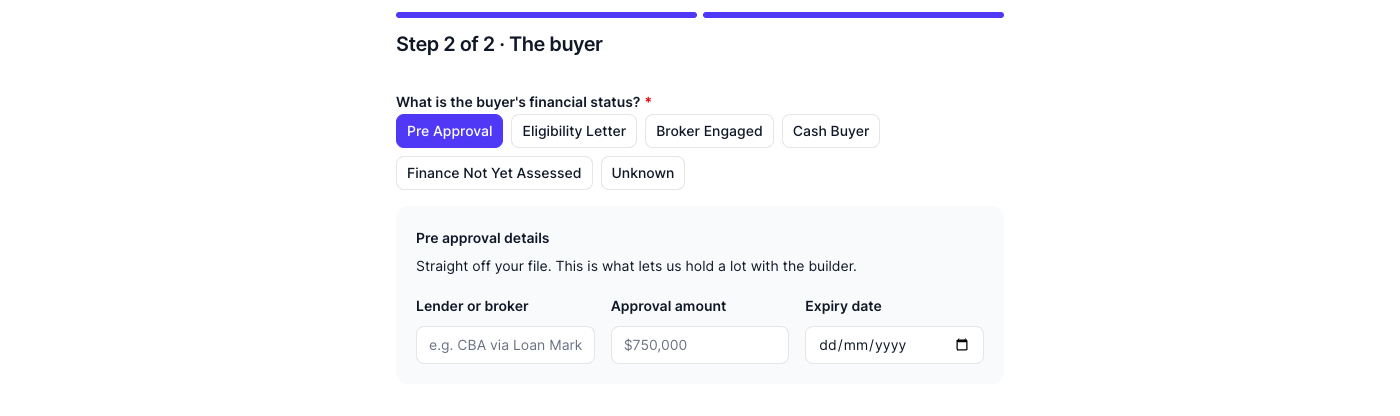 The buyer step with Pre Approval selected