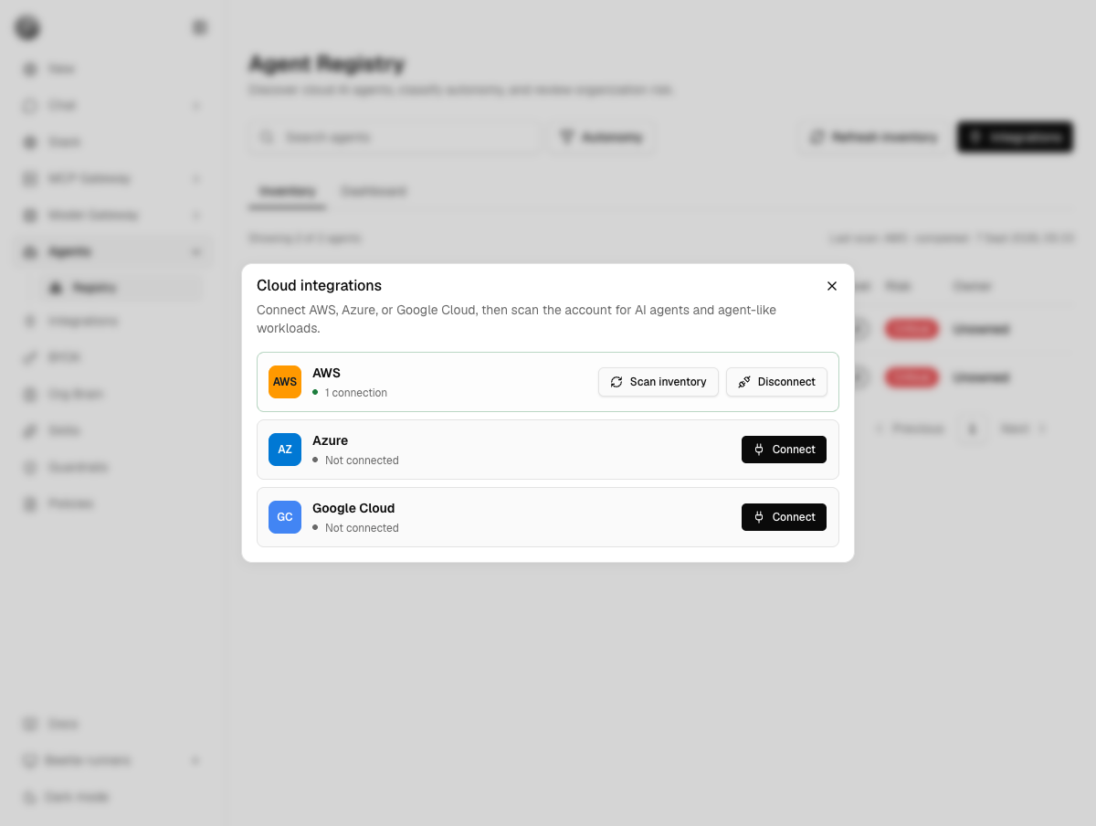 Cloud integrations dialog showing AWS with one connection plus Scan inventory and Disconnect buttons, and Azure and Google Cloud not connected with Connect buttons.