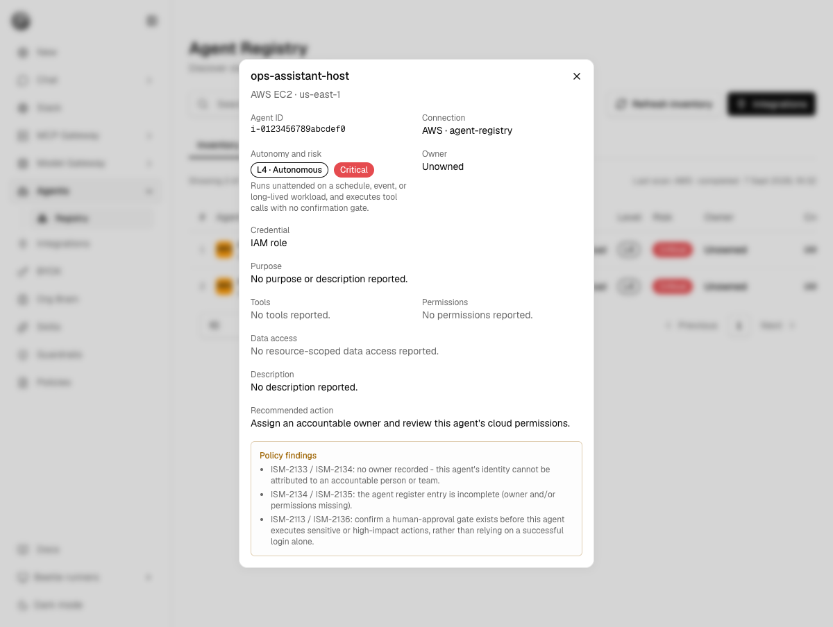 Agent detail dialog showing agent id, connection, an L4 Autonomous badge with Critical risk, Unowned owner, IAM role credential, empty tools and permissions, a recommended action and three policy findings.