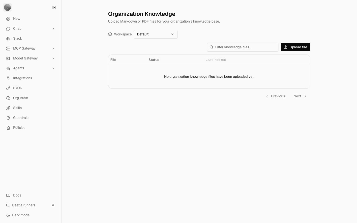 The Organization Knowledge page with an empty file table reading 'No organization knowledge files have been uploaded yet.', a Workspace selector set to Default, an Upload file button and Previous and Next controls.