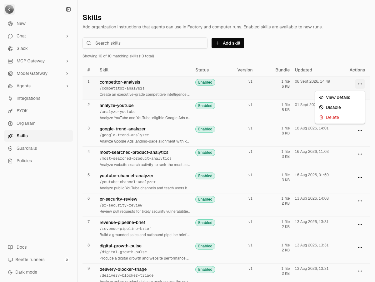 The Skills table with a row menu open showing three items: View details, Disable, and Delete.