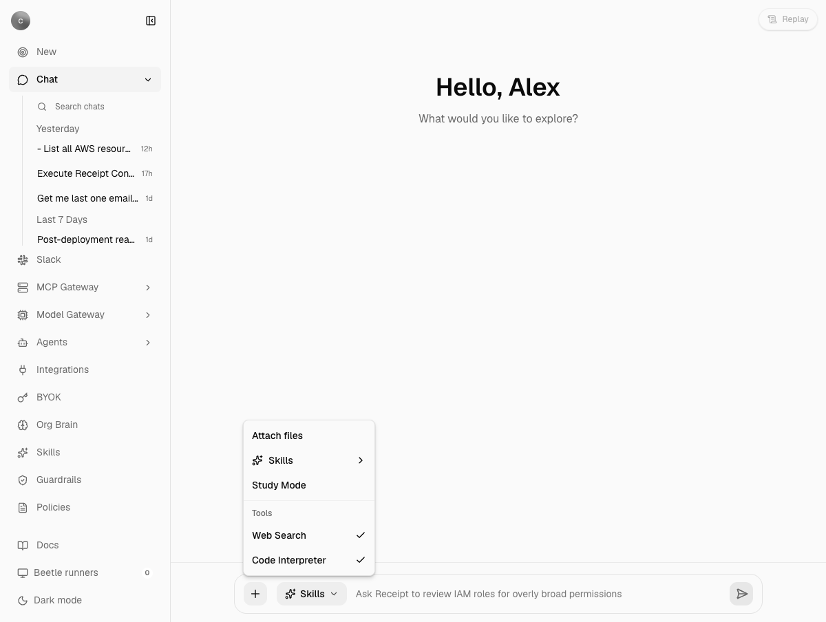 The Receipt chat composer on an empty new chat, with the plus menu expanded to show Attach files, Skills, Study Mode, and the Tools checkboxes.