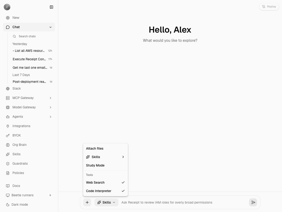 The Receipt chat composer on an empty new chat, with the plus menu expanded to show Attach files, Skills, Study Mode, and the Tools checkboxes.