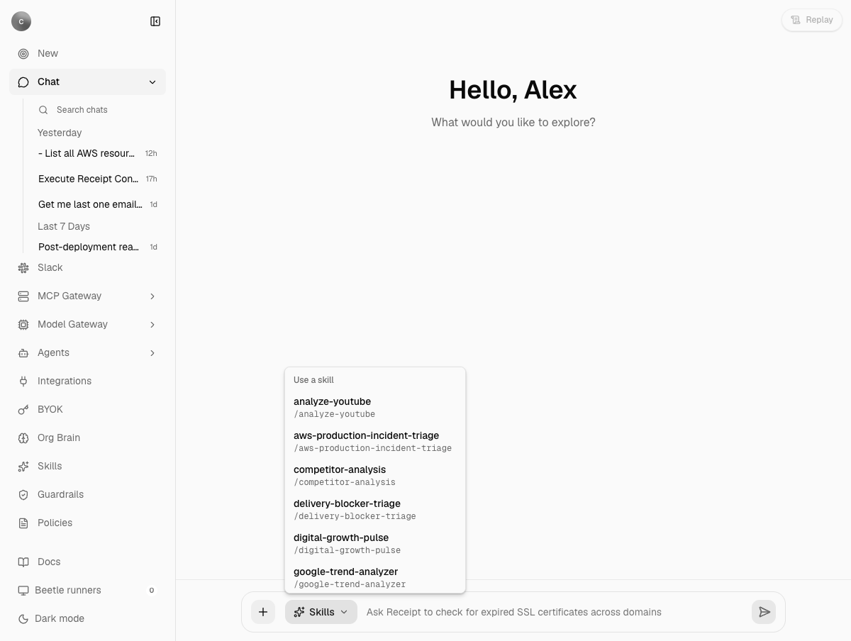 A new chat with the Skills menu open above the composer, listing six organization skills by name and slug under the heading Use a skill.